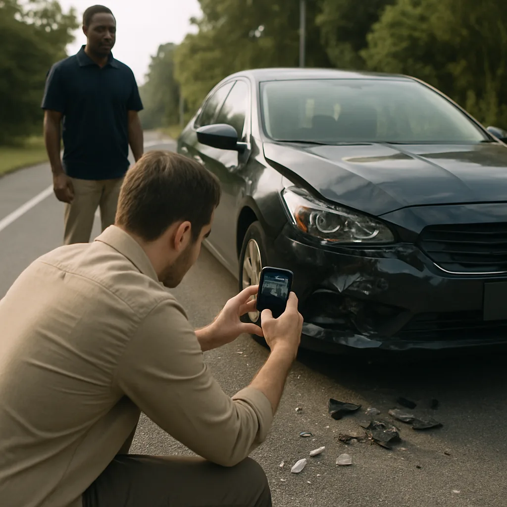 Photographing car accident evidence after a hit-and-run in Monroe, Louisiana