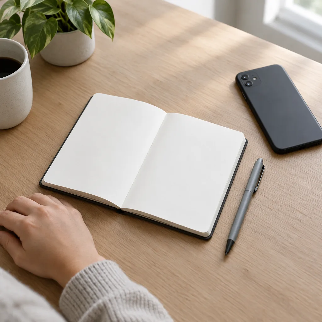 Blank notebook and phone arranged for documenting symptoms after a Monroe car accident